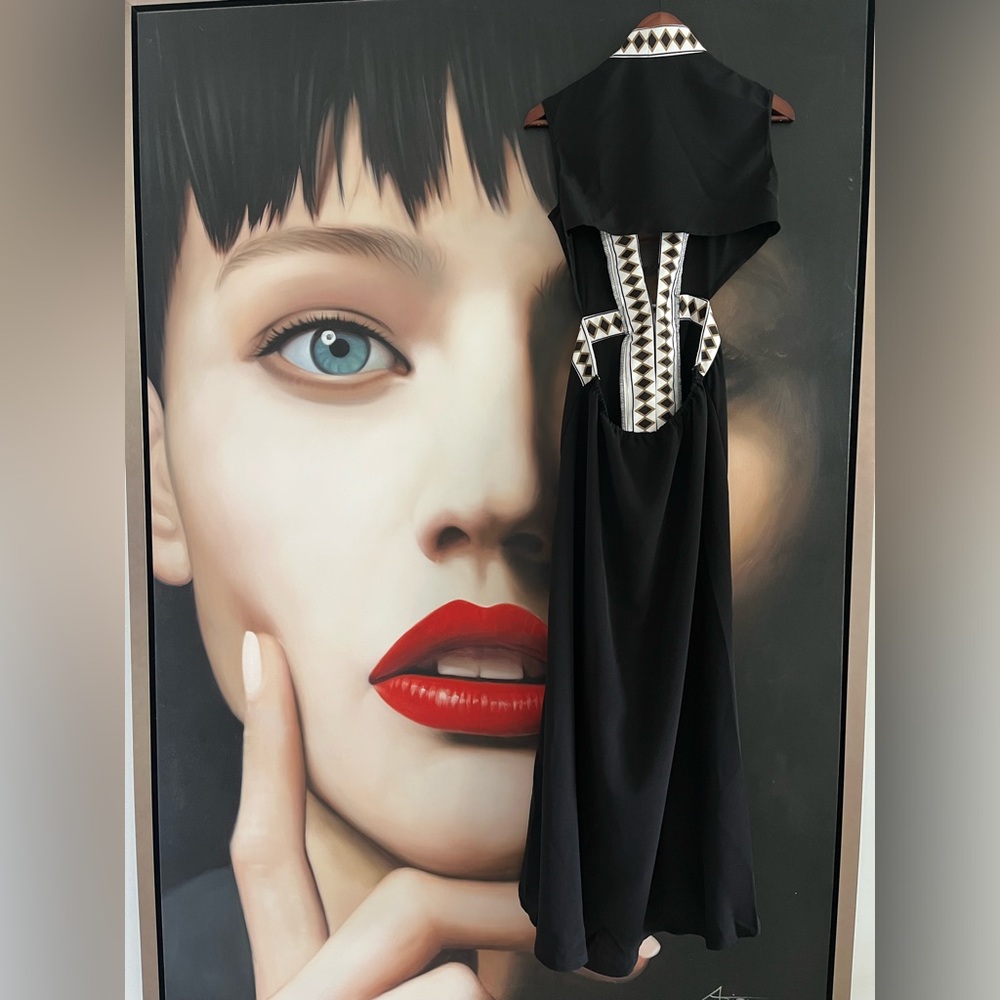 Black Maxi Dress with Ivory Geometric Trim and Front Slit - Picture 8 of 11